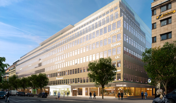 En renderad vy av det färdiga bygget av Sveavägen 44 En renderad vy av det färdiga bygget av Sveavägen 44